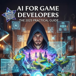 May include: Book cover titled "AI FOR GAME DEVELOPERS: The 2025 Practical Guide." The image features a person in a hooded robe holding a glowing orb, with floating islands and game elements. The author's name, Brian G. Burton, is at the bottom.