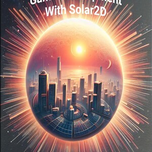 Può includere: Una copertina di libro con una città futuristica all'interno di una sfera arancione incandescente. Il titolo è "Learning Mobile App and Game Development with Solar2D" e l'autore è "Brian G. Burton, Ed. D."