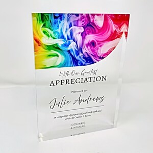 Celebrate professional milestones with our personalised acrylic award plaques. Perfect for employee recognition, work anniversaries, retirements, and corporate gifts. Customise with names, years of service, award reasons, and company logos.