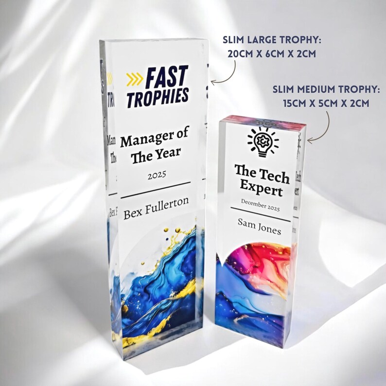 Personalised Corporate Trophy – Custom Employee Award with full-colour UV printing. Perfect for recognition awards, business achievements, sales milestones & years of service gifts. High-quality acrylic trophy with fast processing & shipping!