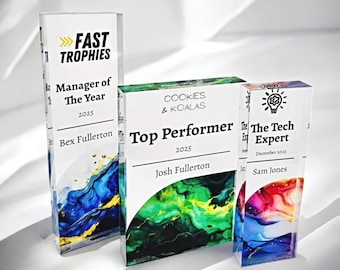 Personalised Acrylic Trophy Award – Custom Corporate Recognition Plaque with Logo – Employee of the Month – Business Achievement Desk Trophy