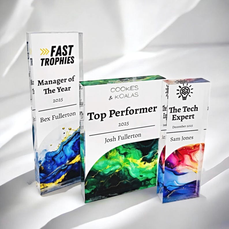 Personalised Corporate Trophy – Custom Employee Award with full-colour UV printing. Perfect for recognition awards, business achievements, sales milestones & years of service gifts. High-quality acrylic trophy with fast processing & shipping!