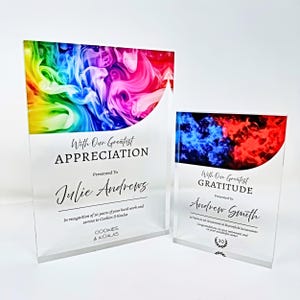 Celebrate professional milestones with our personalised acrylic award plaques. Perfect for employee recognition, work anniversaries, retirements, and corporate gifts. Customise with names, years of service, award reasons, and company logos.