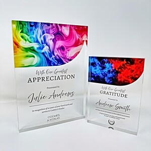 Celebrate professional milestones with our personalised acrylic award plaques. Perfect for employee recognition, work anniversaries, retirements, and corporate gifts. Customise with names, years of service, award reasons, and company logos.