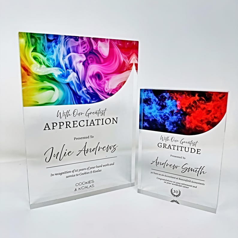 Celebrate professional milestones with our personalised acrylic award plaques. Perfect for employee recognition, work anniversaries, retirements, and corporate gifts. Customise with names, years of service, award reasons, and company logos.