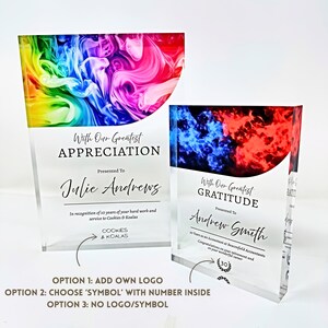Celebrate professional milestones with our personalised acrylic award plaques. Perfect for employee recognition, work anniversaries, retirements, and corporate gifts. Customise with names, years of service, award reasons, and company logos.