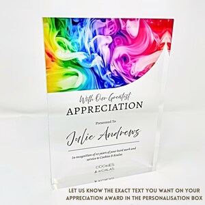 Celebrate professional milestones with our personalised acrylic award plaques. Perfect for employee recognition, work anniversaries, retirements, and corporate gifts. Customise with names, years of service, award reasons, and company logos.