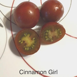 May include: Four ripe, dark red Cinnamon Girl tomatoes, two whole and two halved, revealing green and yellow interiors. The tomatoes are on a white plate with red and gray decorative lines. The text "Cinnamon Girl" is at the bottom.