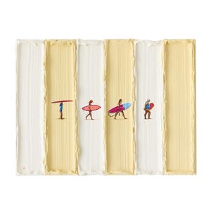 May include: An abstract painting depicting four figures with surfboards. The background is split into vertical white and yellow sections, with a textured, brushstroke effect. The small, colourful figures add a playful element to the artwork, evoking a beach theme.
