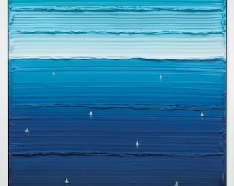 Blaues Meer Gemälde - Strukturierte Meer Landschaft mit Mini Segelbooten | Maritime Dekoration