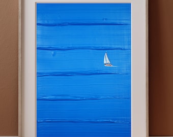 Zeilbootschildering – oceaanmuurkunst met textuur | Minimalistisch nautisch blauw zeegezicht
