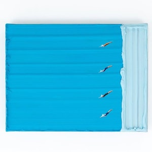 Swimming Pool Wall Art – Textured Acrylic Painting with Divers – Modern Summer Poolside Decor for Coastal Homes