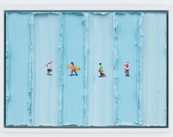 Textured Ocean Canvas Art with Mini Swimmers, Beach People Wall Decor for Summer Interiors