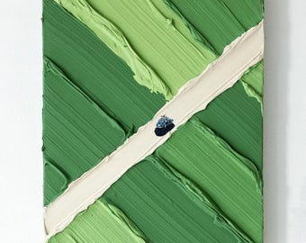 Textured Retro Car Painting on Green Countryside Road, Impasto Art