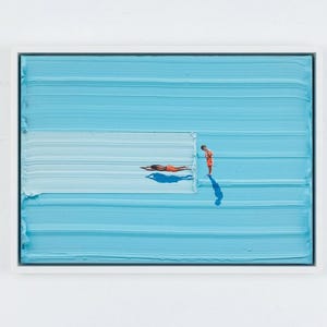 Two Swimmers Painting – Textured Acrylic Pool Art – Minimalist Summer Wall Decor, Miniature Figures in Blue Water