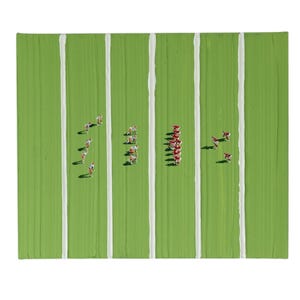 May include: A painting of a football field with two teams of players in red and white uniforms. The players are lined up in a formation, ready to play.