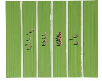 3D Textured Football Painting with Miniature Players, Green Field Art