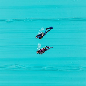 May include: Two scuba divers in blue and purple wetsuits with scuba gear are swimming underwater in a turquoise blue ocean.