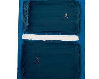 Tennis Wall Art – Textured Blue Court Painting – Miniature Players Sports Artwork