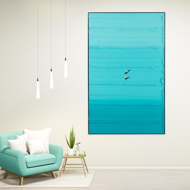 May include: A teal and turquoise abstract painting with horizontal brushstrokes. Two small black shapes are in the center of the painting.