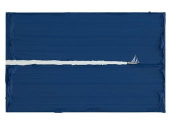 Sailboat Ocean Painting ‘Sail Away’ – Blue Textured Sea Wall Art, Nautical Gift