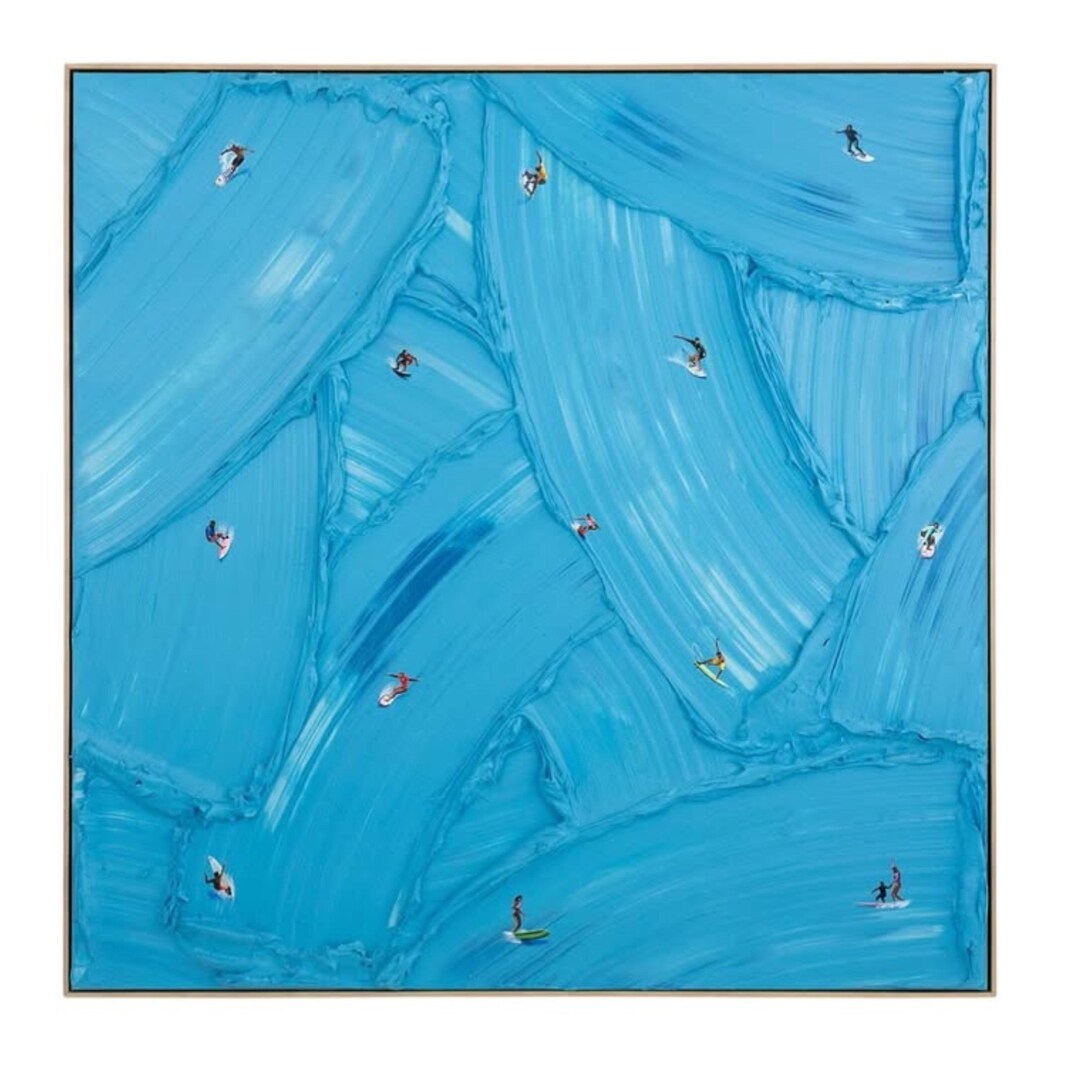 Textured Surf Painting With Miniature Surfers, Ocean Wave Wall Art
