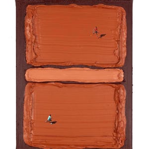 May include: Abstract painting with a textured, orange-brown surface, featuring two rectangular fields and a central horizontal band. Tiny figures are depicted in the fields, suggesting a tennis court or similar sports theme. The artwork is framed in a dark brown border.