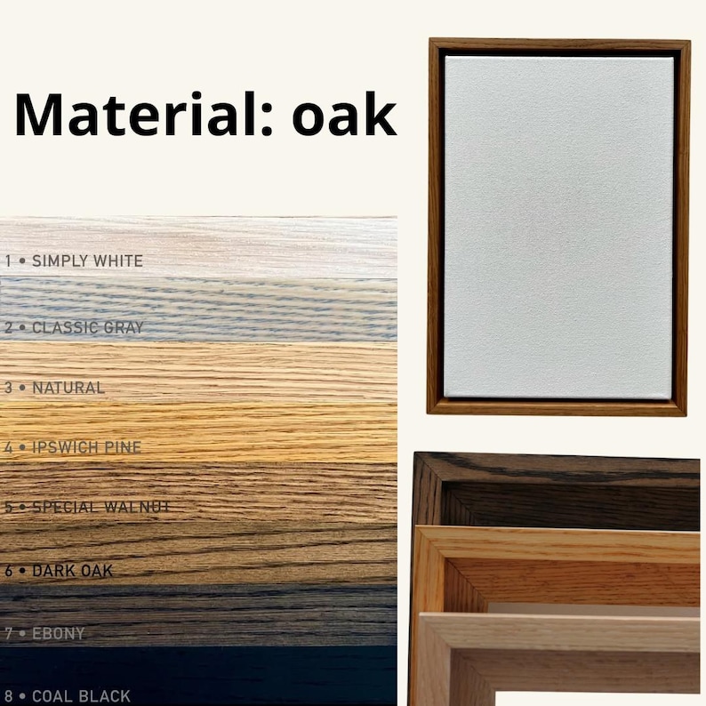 K&ouml;nnte beinhalten: Das Bild zeigt verschiedene Eichenholzoberfl&auml;chen: Simply White, Classic Grey, Natural, Ipswich Pine, Special Walnut, Dark Oak, Ebony und Coal Black. Ein gerahmter Canvas und Nahaufnahmen von Holzrahmen sind ebenfalls zu sehen.