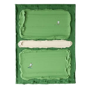 May include: Abstract painting of a tennis court with two figures in white playing on a green surface. The court is divided by a white line.
