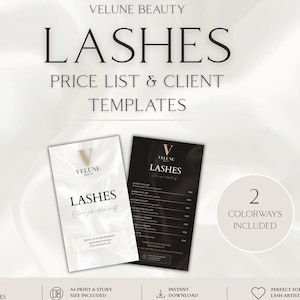 Op de afbeelding: Twee digitale sjablonen voor een wimper-prijslijst en klantinformatie. Eén sjabloon is wit met zwarte tekst, de andere is zwart met witte tekst. Beide bevatten het Velune Beauty logo, het woord LASHES en secties voor verschillende diensten.