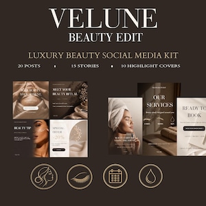 Może przedstawiać: Cyfrowy zestaw do mediów społecznościowych o nazwie VELUNE BEAUTY EDIT, zawierający 20 postów, 15 relacji i 10 okładek wyróżnień. Projekt wykorzystuje ciemnobrązową i beżową paletę kolorów z nakładkami tekstowymi, zdjęciami i okrągłymi ikonami.