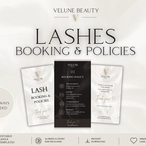 Może przedstawiać: Zestaw 16 edytowalnych szablonów Canva do rezerwacji i zasad dotyczących rzęs, zawierający tekst Velune Beauty, Lash Booking & Policies oraz Booking Policy. Projekt obejmuje dwie wersje kolorystyczne, formaty A4 i story oraz ikony.