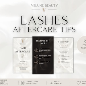 Może przedstawiać: Zestaw ośmiu edytowalnych szablonów Canva z poradami dotyczącymi pielęgnacji rzęs, zawierający tekst Velune Beauty, Lash Aftercare Tips, The First 24-48 Hours oraz Thank You. Projekt obejmuje czarno-białe panele z ikonami i danymi.