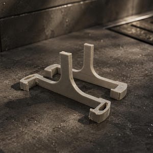 May include: Two off-white, T-shaped plastic stands with a flat base and a vertical support arm. Each stand features a rectangular cutout at the front and back of the base, designed to hold an object in an upright position with a smooth finish.