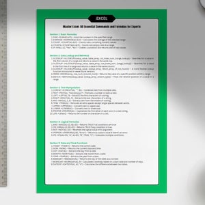 60 Essential Excel Formulas Cheat Sheet | Printable Excel Guide PDF | Beginner to Expert Spreadsheet Functions | Instant Download