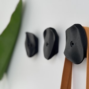 Könnte beinhalten: Drei schwarze Wandhaken mit einer einzigartigen, organischen Form. Die Haken sind an einer weißen Wand montiert und ein braunes Band hängt an einem der Haken.