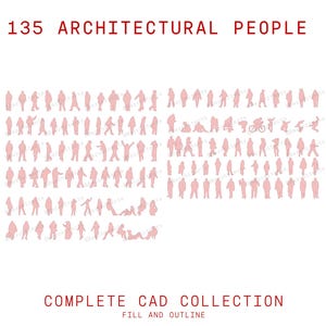 Puede incluir: Una colección de 135 siluetas de color rosa claro de personas en varias poses, etiquetada 135 ARCHITECTURAL PEOPLE y COMPLETE CAD COLLECTION FILL AND OUTLINE. El gráfico muestra numerosas figuras de pie, caminando, sentadas y en bicicleta.