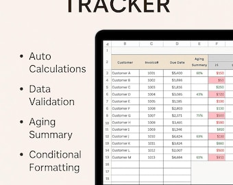 May include: A screenshot of a spreadsheet on a laptop screen showing a table with columns labeled "Customer", "Invoice#", "Due Date", "Aging Summary", and "$ Amount". The spreadsheet is titled "Accounts Receivable Tracker" and lists features such as "Auto Calculations", "Data Validation", "Aging Summary", and "Conditional Formatting".