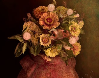 Red Antique Jar photo , pickling jar, flower photo, painterly photo, nostalgia soft mood, old world look, vibrant colors, colorful, flowers