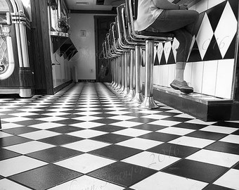 Diner, 1950's style, art photography, wall decor, color, black and white, 50's diner, nostalgia, classic, soda fountain, teen-aged memories