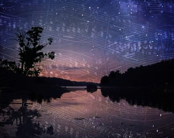 Night Lake Photo Print, Stars, Milky Way, Musical Notes
