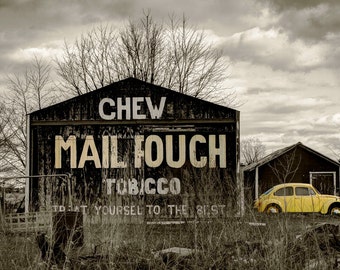 Mail Pouch Barn Print, Yellow VW Bug, Ohio Landscape Photography