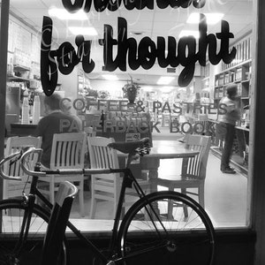 grounds for thought, coffee, book shop, bike, friendly place, Bowling Green, Ohio, Black and White Art Photo, Coffee Shop image 1