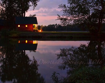 Night in the woods, art photo, Peaceful, cabin, camping, landscape, nature, home-office decor, country life, rural life, nostalgia, blues