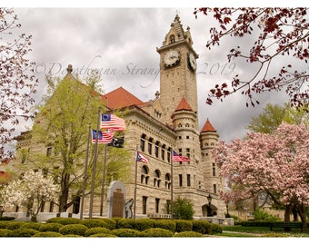 Palacio de justicia del condado, Bowling Green, Ohio, banderas estadounidenses, nostalgia, condado de Wood, primavera, árboles en flor