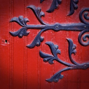 Red door, Fine Art Photography, Curlique ironwork, wood abbey door, religious, vintage door, welcome, image 1
