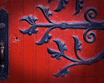 Red door, Fine Art Photography, Curlique ironwork, wood abbey door, religious, vintage door, welcome,