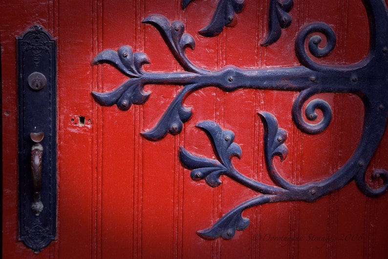 Red door, Fine Art Photography, Curlique ironwork, wood abbey door, religious, vintage door, welcome, image 1