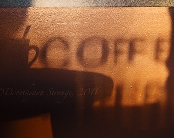 Coffee at Sunrise, Fine Art Photography, shadow, coffee cup, warm colors, wall or desk decor