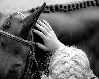 Braids, Horse and Woman, BW Art Photography Print